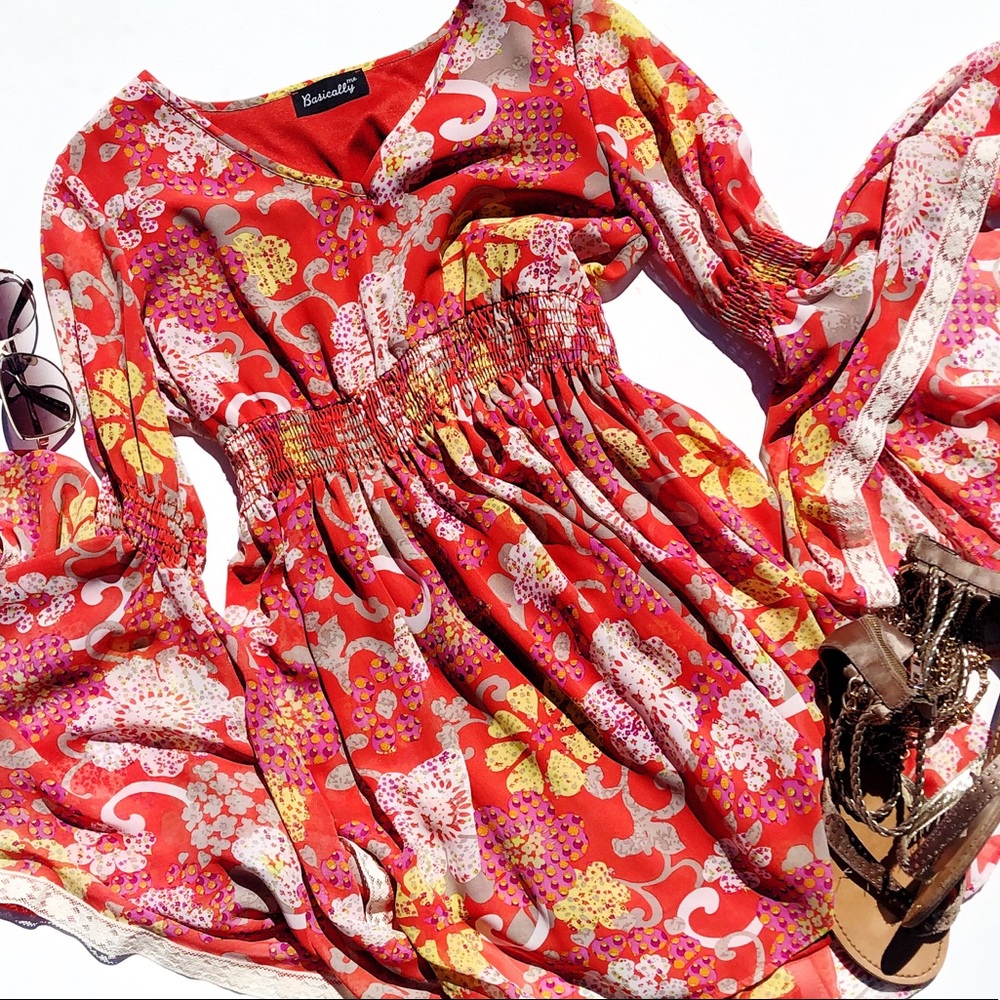 Sz M Orange Floral Bell Sleeve Dress